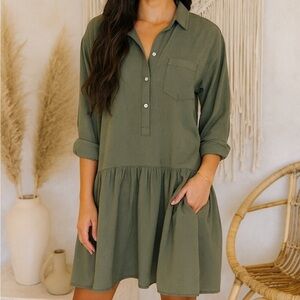 Grayson The Changemaker Olive Green Oversized Boho Button Front Mini Dress